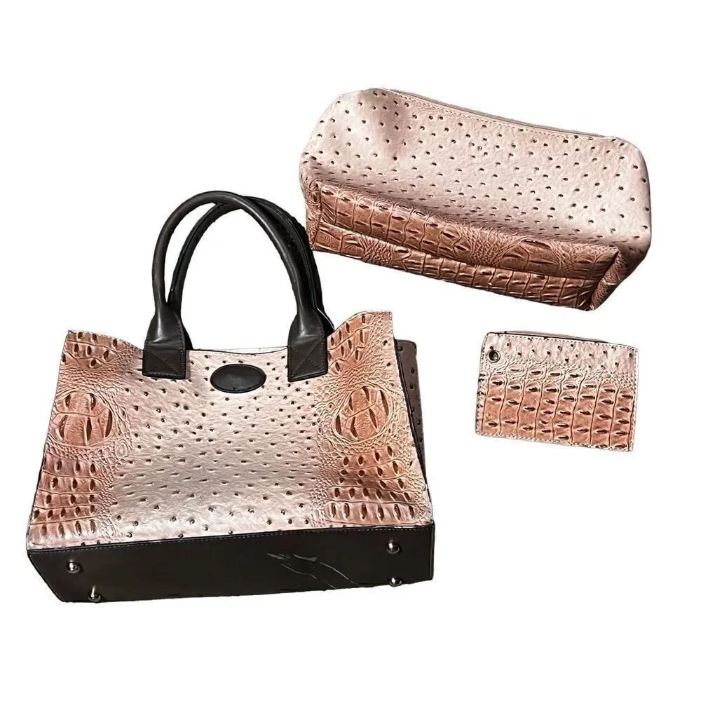 Leather Faux Ostrich Tote Bag Purse Make up Travel 3pc Set Punk and Brown